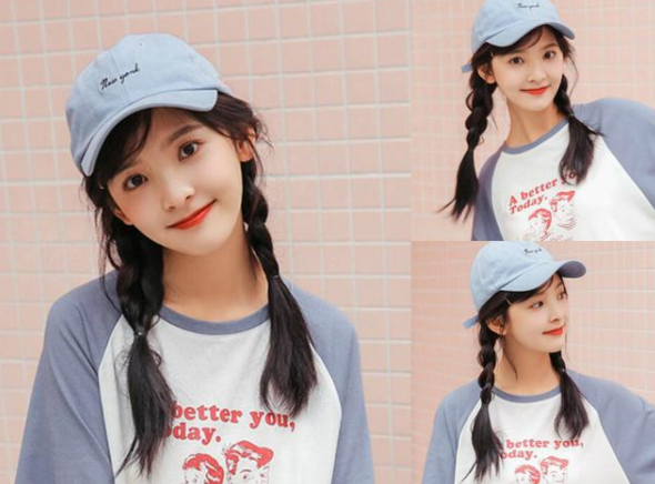 棒球帽配双马尾